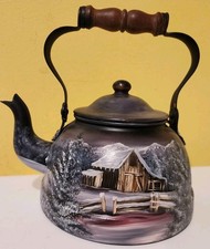 Vintage Tagus R-51 Copper Tea Kettle Hand Painted Folk Art Winter Barn Signed picture