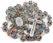 Colorful Zircon Beads Silver Rosary Catholic Necklace Miraculous Medal Cross picture