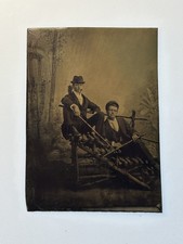 Antique 1800s Tintype Photo Two Victorian Men Hats Canes Rustic Studio Portrait picture