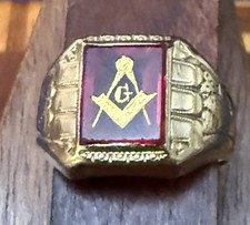 Vintage 10K Yellow Gold Masonic Ring SMCO Synthetic Ruby Signet Men's Estate 5g picture