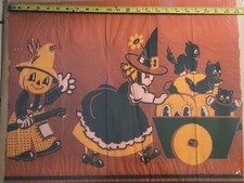 1920s HALLOWEEN 20x23 CREPE PAPER WITCH BLACK CATS JACK OLANTERN CAULDRON BANNER picture