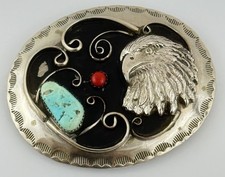 Vtg Eagle Southwestern Belt Buckle Western Rodeo Cowboy Silver Tone Blue Red picture