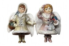  2 Vtg Angel Bell Girl Ornaments - Dangling Legs Clapper + Real Feather Wings picture