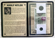 World War II CERTIFIED Two German Coins 1,10 Rp & 1 Reichsmark Bill & Stamp picture