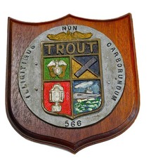 Vintage USS Trout (SS-566) U.S. Navy Submarine Cast Aluminum & Wood Wall Plaque picture
