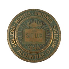 ANTIQUE MOUNT UNION COLLEGE 1846 BRONZE Brass? BUILDING SEAL OAK PLAQUE Alliance picture