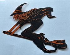 Vintage 1930’s Beistle Halloween Witch on Broom Paperboard Die Cut Decor picture