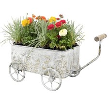 Vintage Flower Cart with Wooden Handles Metal Wagon Planter White picture