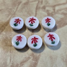 6x Vtg White Plastic Shank Buttons Red Floral Flower Green Leaf Sewing Lot Craft picture