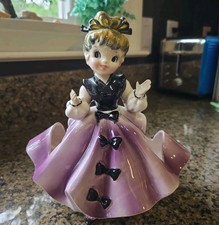Vtg ULTA RARE HB Napkin Holder Girl Purple Ceramic Figurine  Shiny ~ 1 Hairline picture