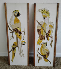 Vintage Pair of 2 MCM Pebble Rock Sequence Art Parrot & Cockatiel Wood Framed picture