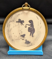 Vintage Girl Feeding Ducks Silhouette Print Round Brass Frame Wall Hanging 2.5