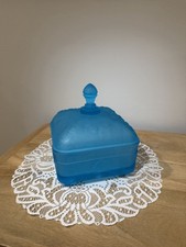 Indiana Glass Vintage Horizon Blue Etched Bee Box Candy Dish picture