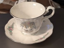 Vtg 1988 Roman Inc 25th Anniversary Teacup & Saucer Set Pearl Clapper Japan picture