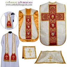 Gold Roman Fiddleback Chasuble & 5 pc mass set with Three Holy Hearts Embroidery picture