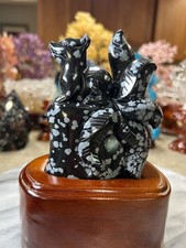 9 nine tail Fox snowflake obsidian hand carved with custom wood stand picture