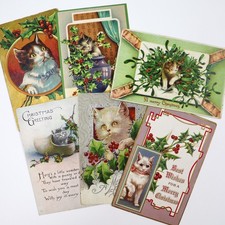 Vintage Antique Postcards Cats Christmas LOT of Six KIttens Embossed Holiday picture