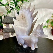 465G Natural Amethyst Geode Hand Carved Nine-tailed Fox Quartz Crystal Decor picture