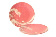 Mino ware Japanese Ceramics Big Wave & Mt. Fuji Red Plate Set of Two picture