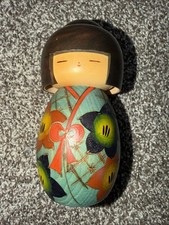 Vintage Kawaii Kokeshi Doll Figure Artist Signed Japanese Wooden Blue Green picture