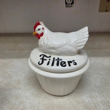 Vtg White Ceramic Hen Chicken on a Nest Farmhouse Country Coffee Filter Decor picture