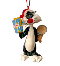 Vtg '96 Looney Tunes Sylvester the Cat Tweety Christmas Tree Ornament Santa Bell picture