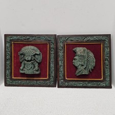 VTG Crushed Malachite Aztec Mayan Wall Plaque High Priest Warrior 2pc picture