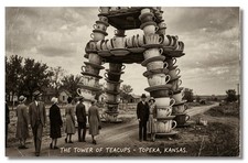 Vintage‑STYLE NEW ART 1930's RPPC-TOWER OF TEACUPS-TOPEKA, KANSAS-FAUX picture
