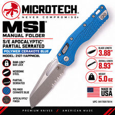 Microtech MSI RAM-LOK Blue Tri-Grip Apocalyptic Serrated M390MK 210T-11APPMCB picture
