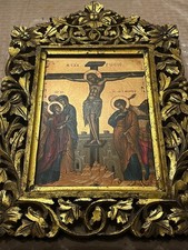 Greek Crucifixion Icon Stavrosis Egg Tempera Carved Gilt Wood Frame Byzantine picture