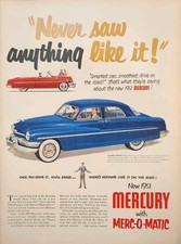 1950 vintage Mercury print ad. All-American Favorite. Blue Sedan Wall Art picture