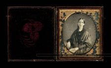 1840s daguerreotype Photo smiling woman long Curls In hair Leather Case Antique picture
