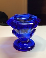 ￼Antique Sapphire Blue Pedestal Flint Glass Open Salt Cellar 1860 picture