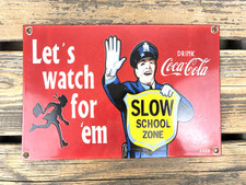 VINTAGE DRINK COCA-COLA SLOW SCHOOL ZONE PORCELAIN GAS OIL KIDS TRAFFIC SIGN picture