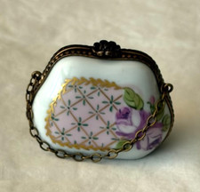 Vintage Limoges France Peint Hand Painted Porcelain Handbag Trinket Box picture
