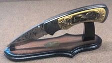 CUSTOM EAGLE FOLDER KNIFE WITH WOOD DISPLAY STAND  #BK766 preowned NO BOX picture