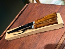 Vintage Burns Mfg Co Carving Set 2 Pc Faux Stag Horn Bakelite Stainless Steel picture