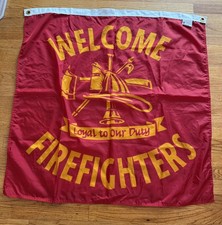Vintage Welcome Firefighters Large Red Banner Event Flag Made in USA 3ft x 3ft picture