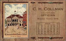 Postcard ERIE PENN PA CH Collman Optician MAR 1914 AD CALENDAR Federal Hall picture