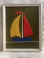 Vintage 70s Felt Textile Art Framed Sailboat Mid Century Nautical K&S Ltd 11x14 picture