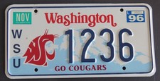 WASHINGTON STATE UNIVERSITY COUGARS  license plate   1996  # 1236 picture