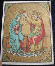 ANTIQUE CATHOLIC BROCADE FABRIC BANNER IMAGE HOLY VIRGIN MARY CROWNED IN HEAVEN picture