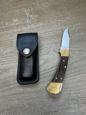 Vintage Buck 112 Ranger Folding Lockback Knife Wood Brass Handle Leather Sheath picture