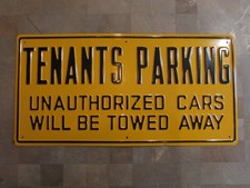 VTG 60's NOS Embossed Metal TENANTS PARKING UNAUTHORIZED CARS WILL BE TOWED Sign picture