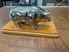 VTG MCM Polar Bear Chrome Plated Paperweight Sculpture Decor On Wooden Plinth picture