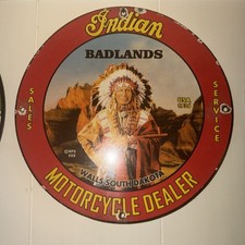 1936 VINTAGE STYLE PORCELAIN BADLANDS INDIAN MOTORCYCLES DEALER SIGN 12 INCH Rd. picture