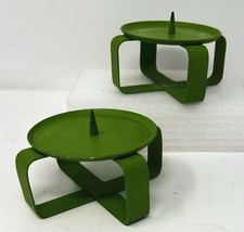 VTG MCM 60s Pair Striking Green Candle Holders Christmas Minimalist Metal Design picture