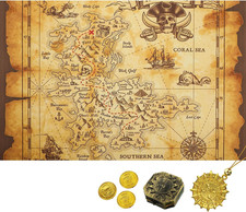 Paper Treasure Map,Halloween Pirate Map with Compass Coins Necklace picture