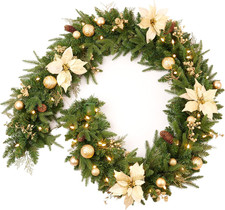 Pre-Lit 9Ft Christmas Garland with Gold Berries and Balls,Pine Cone,Golden Flowe picture