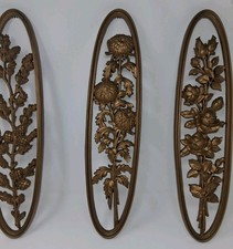 Vtg Burwood Gold Oval Wall Plaques Set 3 Floral Rose Mum Pine MCM Hollywood... picture
